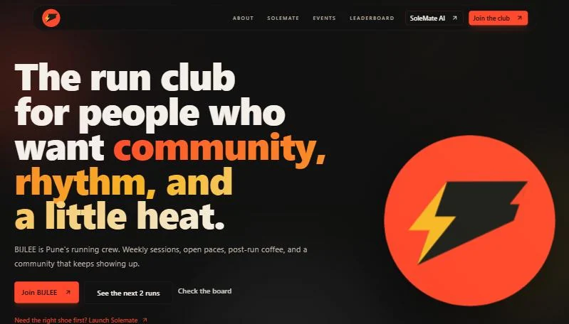Bijlee Run Club website: the run club for people who want community, rhythm, and a little heat
