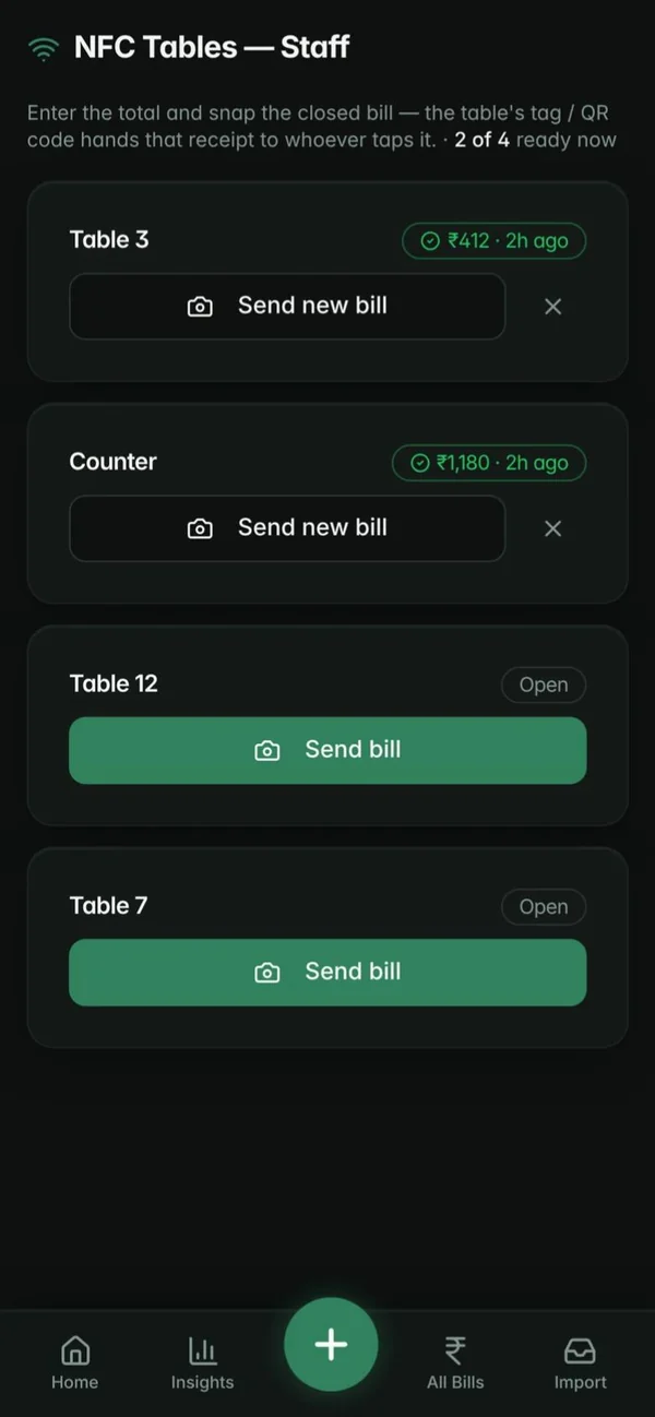 Staff console: tables with bills ready to tap