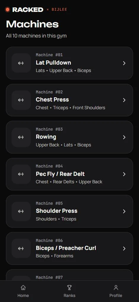 Racked machine list: 10 machines in the gym