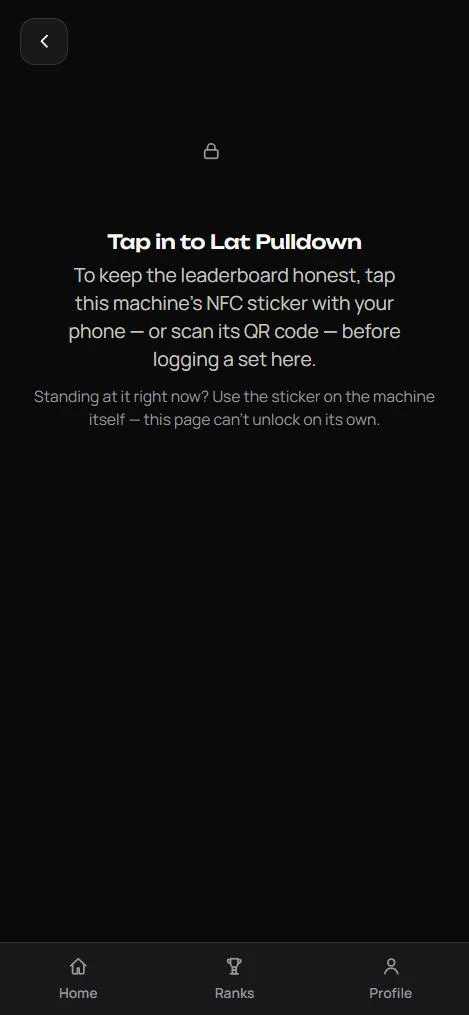 Racked asks you to tap the machine's NFC sticker before logging a set